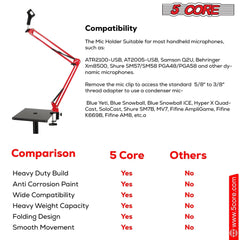 5Core Microphone Boom Arm Desk Mic Stand Adjustable Clamp Suspension Boom Stands RED